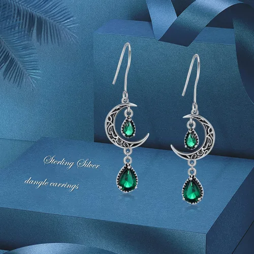 Vista 6 de VONALA Aretes de luna para mujer, plata de ley 925, aretes colgantes de luna celta, esmeralda, amatista, rubí, zafiro, rosa, peridoto, aguamarina