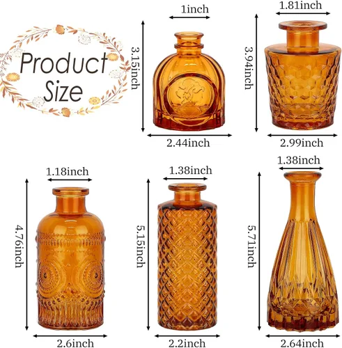 Vista 3 de UPBUD Juego de 5 jarrones de cristal ámbar, pequeños jarrones marrones para flores Mini jarrones a granel para decoraciones de boda, jarrón