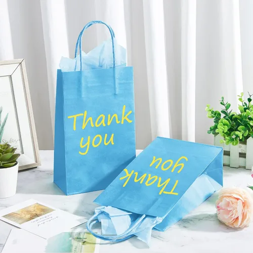 Vista 9 de DjinnGlory Paquete de 24 pequeñas bolsas de regalo de papel azul con asas de 9 x 5.5 x 3.15 pulgadas y 24 papel de regalo de seda para negocios