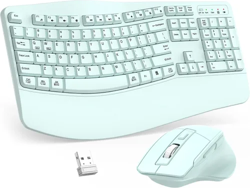 Vista 15 de Combo de teclado y mouse inalámbricos, teclado ergonómico de tamaño completo 2.4G con diseño de teclas onduladas y reposamuñecas, mouse ergonómico