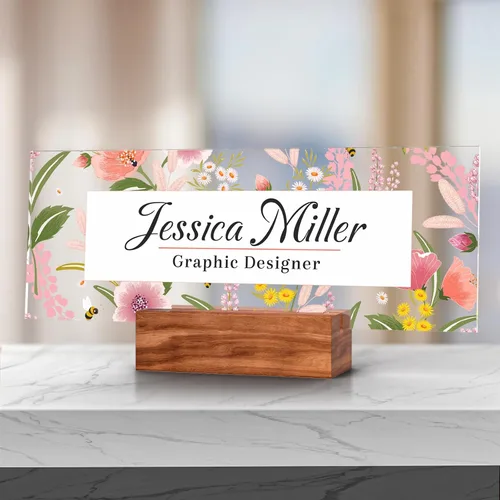 Vista 65 de Placa de identificación personalizada para escritorio, decoración de oficina de acrílico transparente con diseño de flores, decoraciones
