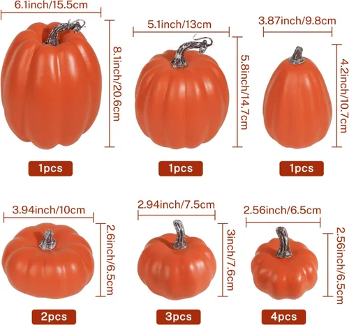 Vista 2 de Artmag Paquete de 12 calabazas artificiales de color naranja de varios tamaños, calabazas falsas grandes para otoño, Acción de Gracias, Halloween