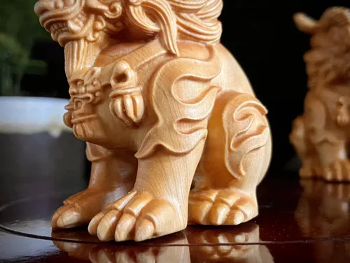Vista 7 de Adornos de estatua de Kylin de madera maciza, estatua de perro Foo, escultura de Feng Shui, decoración de oficina en casa, figura de Pixiu de animal