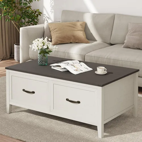 Vista 3 de Crestlive Products Mesa auxiliar de granja, mesa central de madera con bisagras de 43 pulgadas, mesa de centro rústica con gran almacenamiento