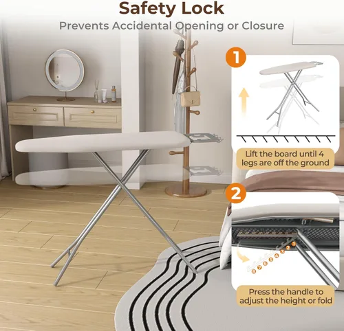 Vista 8 de Yaheetech Tabla de planchar plegable, tabla de planchar resistente con 9 alturas ajustables, cubierta de 4 capas y reposaplancha de seguridad, tabla