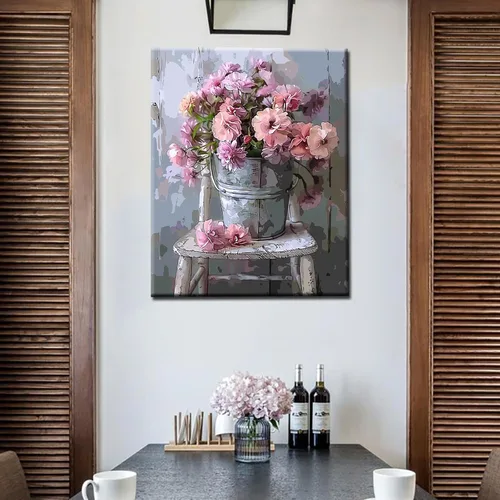 Vista 2 de Pintura de bricolaje por números Flores rosadas - Kit de pintura para adultos estilo vintage sobre lienzo