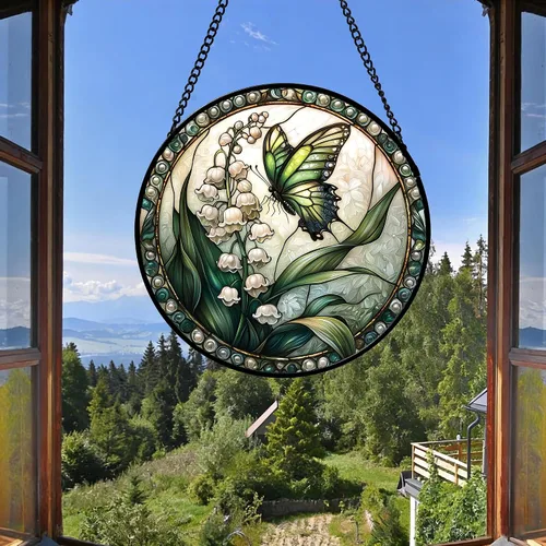 Vista 7 de DASTOLL Colgante de vidrio emplomado para ventana, diseño de lirio del valle, mariposa, atrapasol para puertas, hogar, atrapasoles decoración