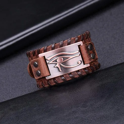 Vista 2 de TURTLEDOVE Pulsera de cuero Ojo de Horus - Pulsera de cuero de metal antiguo con amuleto egipcio