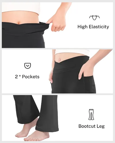 Vista 6 de HASMES Leggings acampanados para niñas con bolsillos, parte inferior acampanada, cintura alta, pantalones de yoga para danza, ropa deportiva