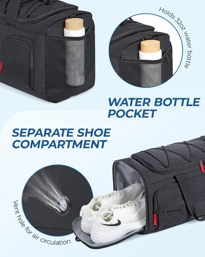 Vista 4 de BAGSMART Sports - Bolsa de viaje para gimnasio, bolsa de lona impermeable para hombres y mujeres, bolsa de entrenamiento de fin de semana, Negro
