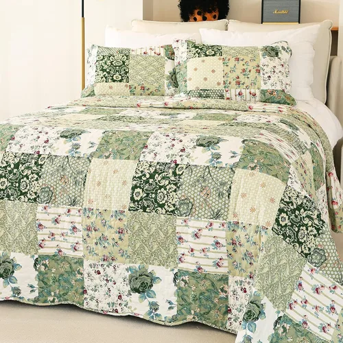 Vista 19 de Cmfshape - Juego de cama con edredón acolchado floral de verano tamaño king, juego de colcha rosa romántico, cubrecama reversible cosido para todas