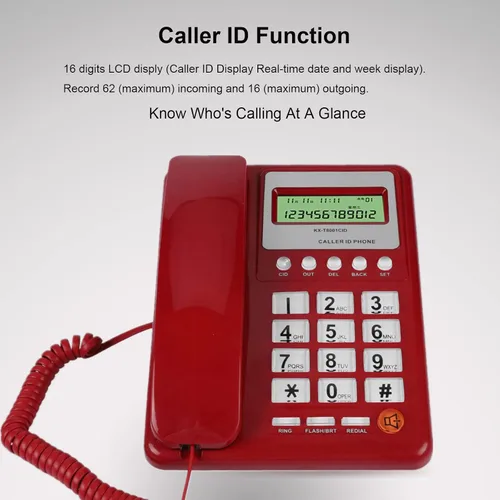 Vista 3 de KXT8001 Teléfono estándar con cable, teléfono fijo rojo con pantalla LCD, teléfono de escritorio para oficina en casa escuela hotel, teléfonos fijos