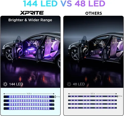 Vista 4 de Xprite Luces interiores de auto RGB mejoradas de 144 LED con control de aplicación inteligente/control remoto inalámbrico, modo de sincronización