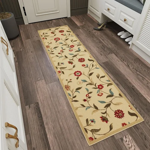 Vista 10 de Ottomanson, colección OttoHome, tapete para corredor con diseño azul claro y damasco (antiderrapante), parte trasera de goma Floral Beige