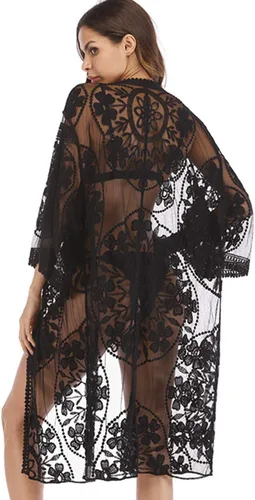 Vista 24 de Cárdigan de Encaje para Mujer de Crochet Floral Transparente Cobertor de Playa Kimono Largo Abierto