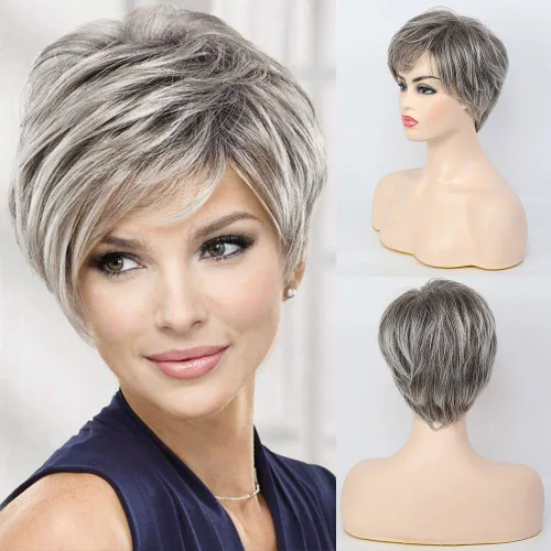 Vista 4 de EMMOR Pelucas Cortas Marrones para Mujeres Mezcla de Cabello Humano con Fibra de Memoria Saludable Corte Pixie, Peluca de Cabello Natural de Uso