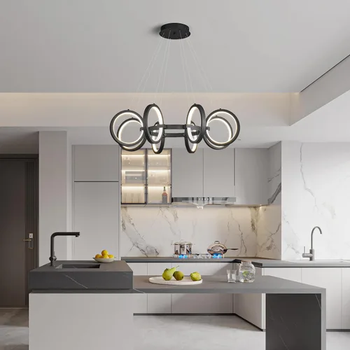 Vista 5 de Moderno candelabro LED regulable redondo, lámparas colgantes de 8 anillos, lámparas colgantes ajustables para cocina, isla, sala de estar, comedor