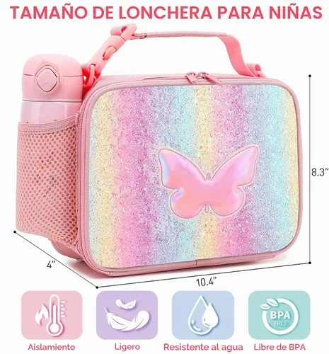 Vista 2 de Lonchera con diseño de mariposa para niñas y niños, lonchera aislada con diseño de arco iris con asa de clip, lonchera a prueba de fugas con Rainbow