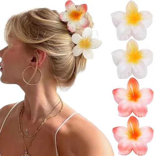 Vista 13 de GQLV Pinzas de garra para el cabello con flores - 4 piezas para cabello grueso, fuerte agarre antideslizante, hawaianas, pinzas grandes y bonitas