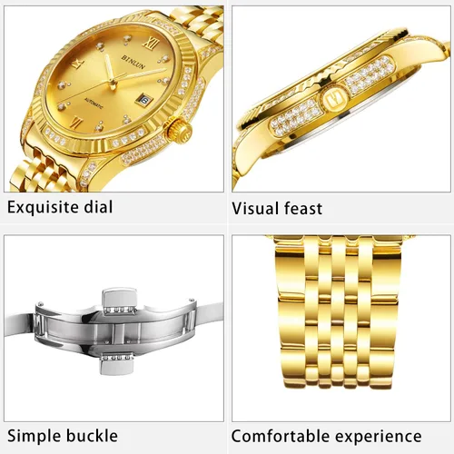Vista 37 de BINLUN Reloj de pulsera para hombre, mecánico automático, reloj dorado con cuerda automática, elegante, chapado en oro de 18 quilates, relojes