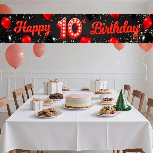 Vista 7 de Cartel de feliz cumpleaños número 10 color rojo y negro, globos para decoración temática para patio, jardín, niñas, mujeres, princesas, decoraciones