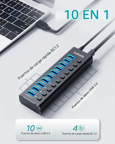 Vista 2 de Hub USB alimentado 3.0, Leinsis Hub USB 3.0 de 10 puertos [aluminio duradero] 10 puertos de transferencia de datos + 4 puertos de carga inteligente