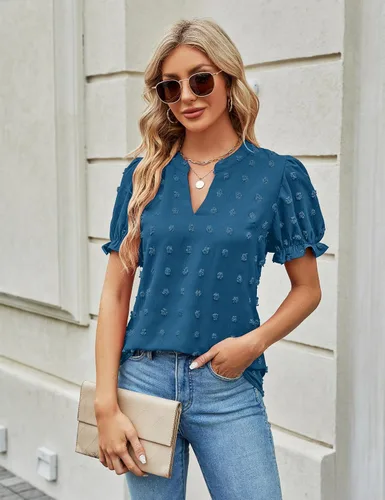 Vista 2 de Blooming Jelly Blusas de verano con mangas abombadas para mujer, blusas de gasa de manga corta con cuello en V blanco, camisas con pompones