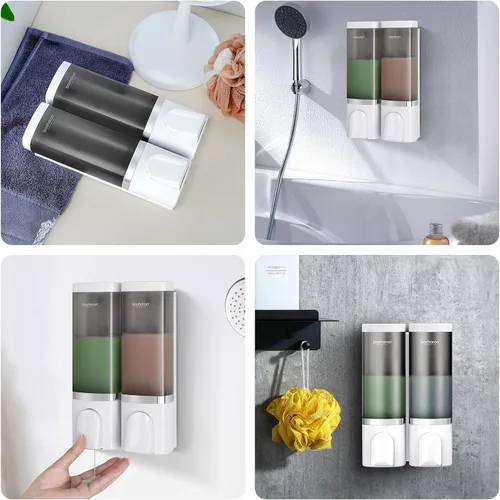 Vista 9 de Dispensador de jabón de ducha 2 en 1, 2 dispensadores de champú y acondicionador de 16.9 fl oz, dispensador de ducha montado en la pared, 2 cámaras