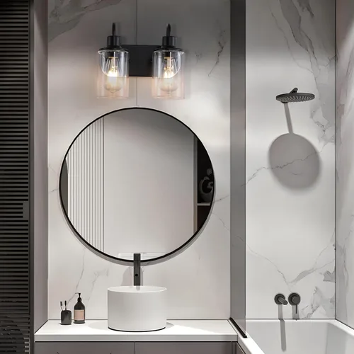 Vista 4 de Lámpara de baño negra mate sobre espejo, lámpara de tocador de baño de 2 luces con pantalla de vidrio transparente, apliques de pared modernos
