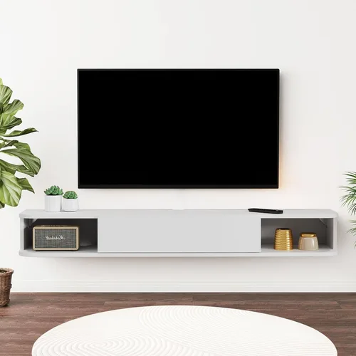 Vista 9 de Estante flotante para TV, armario de TV montado en la pared de 48 pulgadas, estantes flotantes con puerta, centro de consola multimedia