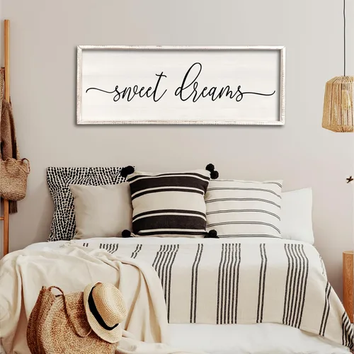 Vista 2 de Decoración de pared de Dulces Sueños sobre la cama de 32"×12" para dormitorio principal, gran letrero de Dulces Sueños, decoración de pared