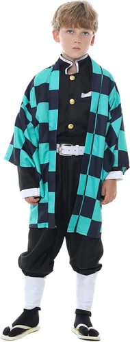 Vista 4 de Disfraz de cosplay verde de anime, kimono negro, conjunto completo de bata de Halloween, trajes de cosplay para niños, adultos, hombres y niños