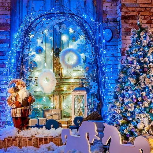 Vista 7 de JMEXSUSS 150 luces LED azules de Navidad para interiores y exteriores, luces de cadena conectables de 59 pies con enchufe, 8 modos de luces de hadas