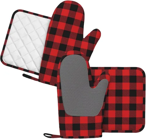 Vista 2 de Manoplas de horno y soportes para ollas a cuadros de búfalo negro y rojo, juego de 4 piezas, guantes de horno de silicona a cuadros negros y rojos