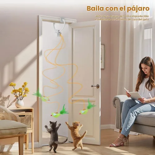 Vista 3 de Juguetes interactivos para gatos de interior: varita de plumas de ave voladora automática, juguete de persecución, ejercicio, enriquecimiento y Gris