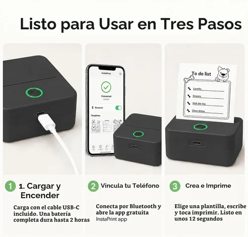 Vista 5 de Mini impresora térmica portátil, Bluetooth, color negro