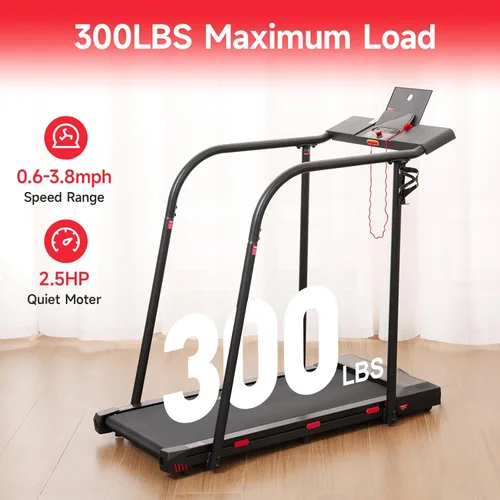 Vista 8 de Treadmill for Seniors with Long Handrails, Emergency Stop Button 4 Major Safety Protections, 300 lb Capacity, LED Display, Remote Control and