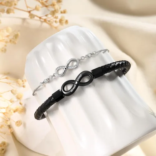 Vista 5 de Pulseras personalizadas a juego para parejas, pulseras de infinito con nombre grabado personalizado para hombres y mujeres, regalos del día de San