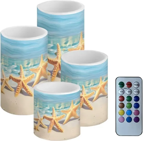 Vista 9 de Velas LED parpadeantes operadas por batería, juego de 4 con control remoto y temporizador, velas de llama danzante, velas de pilar para mesa, Playa