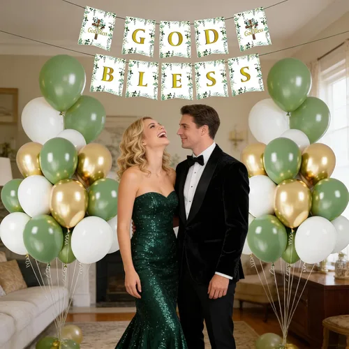 Vista 5 de Cartel de God Bless para bautismo, decoraciones de primera comunión con globos de oro blanco verde salvia para bautizo de bebé, suministros