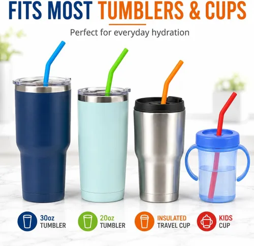 Vista 4 de 15 PAPAS PARA TODOS LOS VANOS - Pajitas reutilizables de silicona para vasos Yeti de 30 y 20 oz - Flexibles, fáciles de limpiar + 2 cepillos