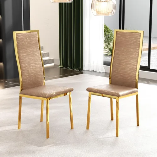 Vista 18 de Juego de 2 sillas de comedor modernas, piel sintética negra con patas de metal dorado cromado, diseño de respaldo alto curvo y acolchado tipo nube