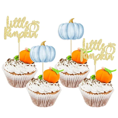 Vista 20 de Gyufise 24 piezas de decoración de cupcakes de calabaza con purpurina para temática de otoño, Acción de Gracias, Halloween, baby shower, niños