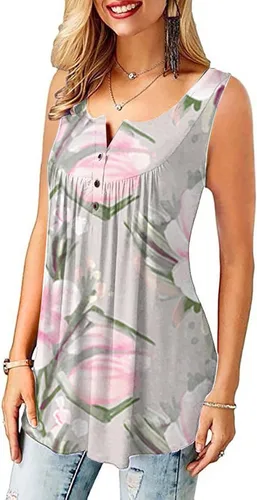 Vista 2 de XPSJBBB Crop Tops for Women Basic Sleeveless Pleated Swing Layer Tank Top Summer Button Henlny Cami Shirt Racerback Blouses