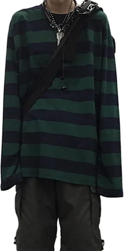 Vista 13 de Camiseta Harajuku de gran tamaño a rayas de manga larga con cuello redondo para mujer NegroGris