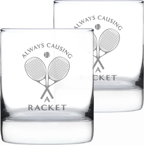 Vista 5 de Custom Causing A Racket – Vidrio de rocas de whisky personalizado – Decoración divertida temática de tenis y regalos – Vasos de 10.25 onzas