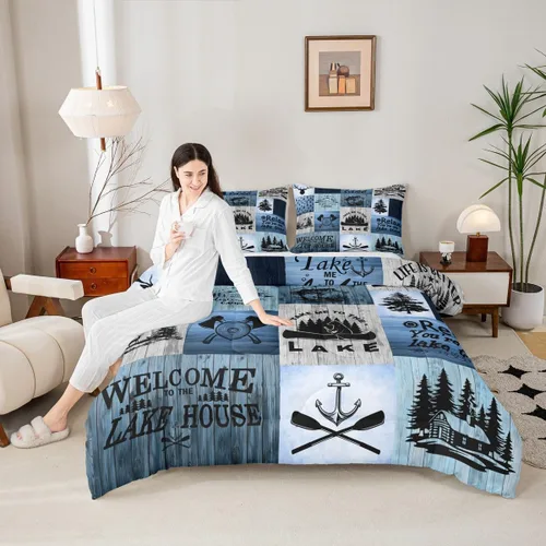 Vista 27 de Juego de edredón Lake House tamaño Twin, juego de ropa de cama náutica de navegación con ancla de 2 piezas para decoración de habitación de niños