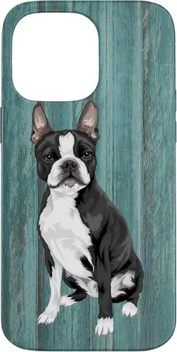Vista 21 de Boston Terrier Faux Blue Wood Background Case for iPhone 17