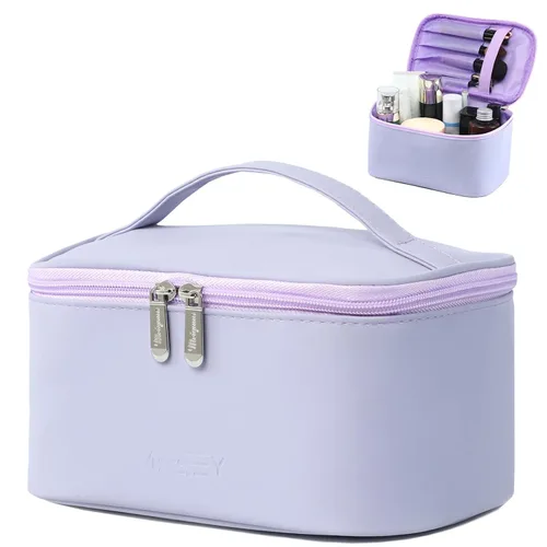 Vista 10 de Bolsa de maquillaje pequeña para mujeres, con cremallera, organizador, impermeable, bonita (azul claro)