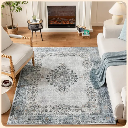 Vista 106 de Istana Alfombra larga antideslizante de 2.5 x 8 para el hogar, para pasillo y cocina, lavable, sedosa y suave al tacto, elegante, color azul y marfil